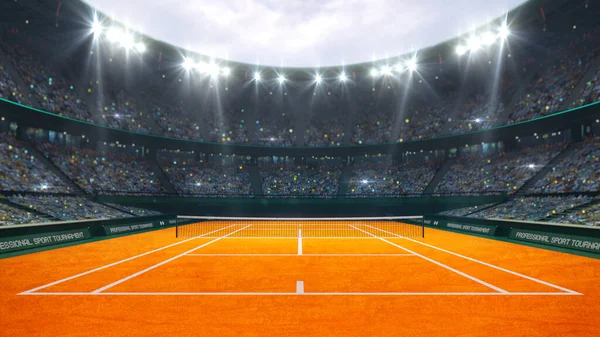 Campo Tennis Argilla Arancione Arena All Aperto Illuminata Con Ventilatori — Foto Stock