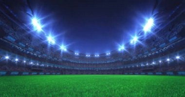 Yeşil çim bahçeli spor video arka planı, parlak ışıklar ve bir sürü fan. Stadyumdaki ışıkları açıyorum. 4K döngü animasyonu.. 