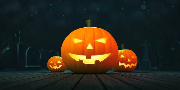 Three Ghostly Halloween Pumpkins Wooden Deck Blurred Dark Blue Background — Stock Photo, Image