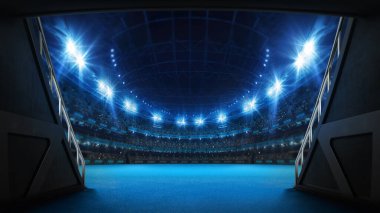 Oyun parkına giden stadyum tüneli. Oyuncular, taraftarlarla dolu aydınlanmış tenis sahasına giriyorlar. Spor reklamları için dijital 3D illüstrasyon arka planı.