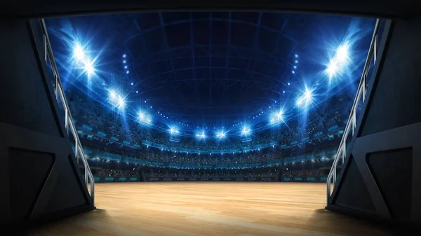 陸上競技場のトンネル遊び場につながる ファンで賑わうライトアップされたバスケットボールアリーナへの入場 スポーツ広告のためのデジタル3Dイラストの背景 — ストック写真