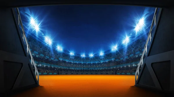 陸上競技場のトンネル遊び場につながる 選手たちはファンでいっぱいの照明陸上競技場への入り口 スポーツ広告のためのデジタル3Dイラストの背景 — ストック写真