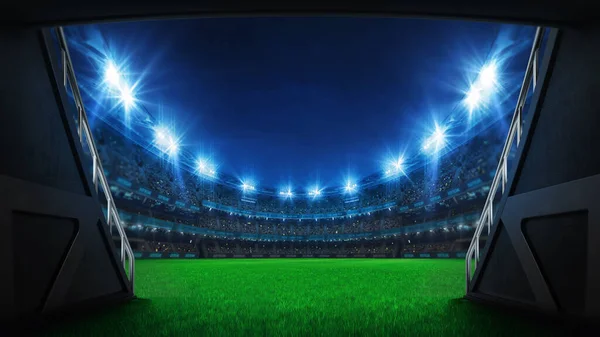 通往游乐场的体育场隧道 球员们进入灯火通明的足球场 挤满了球迷 体育广告的数字三维图像背景 — 图库照片