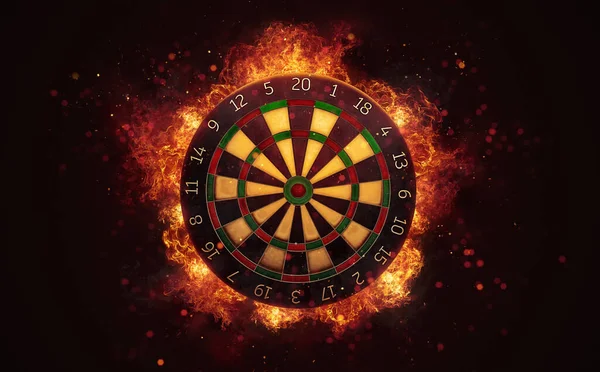 Dart Board Target Burning Flames Close Dark Brown Background Classical — Stock Photo, Image