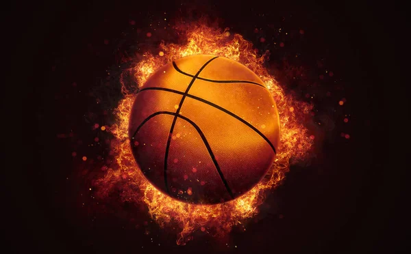 Pallone Basket Volante Fiamme Ardenti Vicino Sfondo Marrone Scuro Attrezzature — Foto Stock