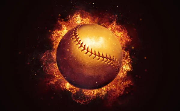 Flying Baseball Ball Burning Flames Close Dark Brown Background Classical — Stock Photo, Image