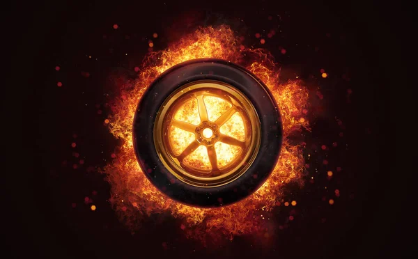 Race Car Tyre Burning Flames Close Dark Brown Background Classical — Stock Photo, Image