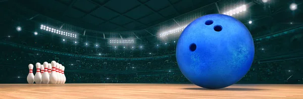 広い背景として木製の床の上にボウリングボールとスポーツ室内アリーナ スポーツビルのインテリアのデジタル3Dイラスト — ストック写真