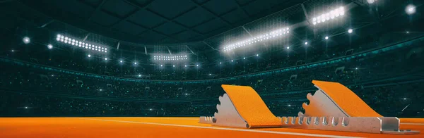 Sport Indoor Athletics Arena Start Blocks Ground Widescreen Background Digital — Stock Photo, Image