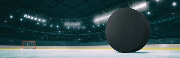 Sport Indoor Ice Hockey Arena Black Puck Ice Rink Widescreen — Stock Photo, Image