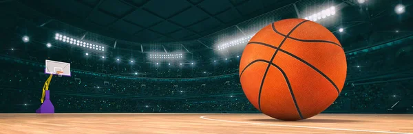 Sport Indoor Arena Met Basketbal Houten Vloer Als Breedbeeld Achtergrond — Stockfoto
