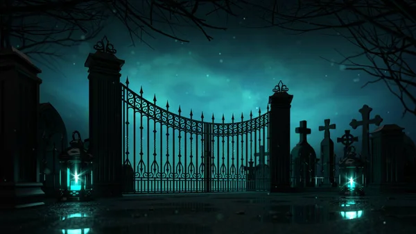 Cemetery entrance gate with glaring lanterns around at dark night. Halloween holiday theme 3d background illustration.