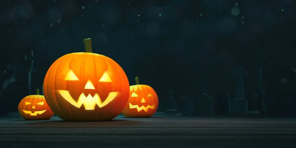 Three Ghostly Halloween Pumpkins Left Side Wooden Deck Blurred Dark — Stock Photo, Image