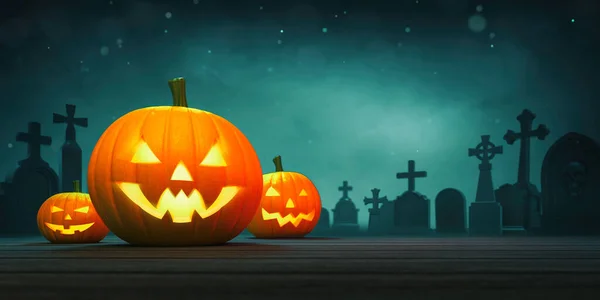 Three Ghostly Halloween Pumpkins Left Side Wooden Table Graves Blurred — Stock Photo, Image