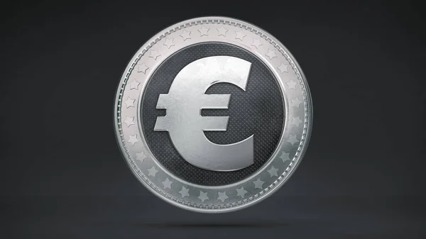 黑色背景上的孤立银光泽欧元硬币 金钱和货币 经济和金融业务3D说明 — 图库照片