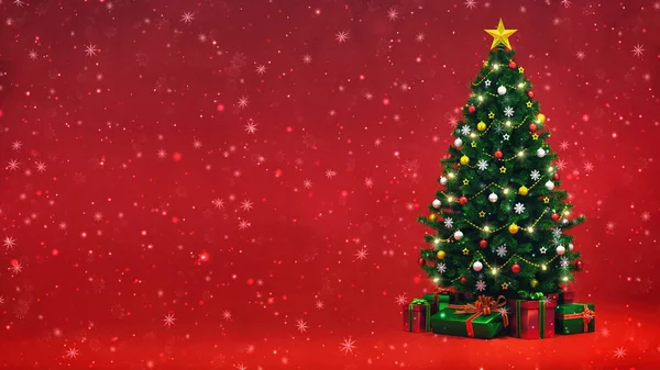 Geschmückter Weihnachtsbaum Mit Geschenken Und Leuchtenden Lichtern Winterlicher Schneefall Und — Stockfoto