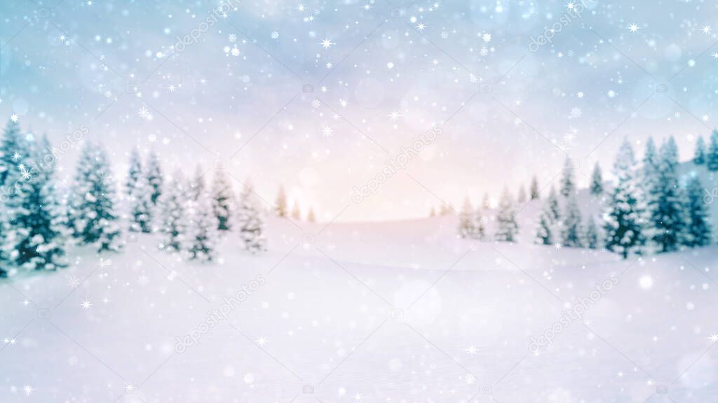 Snow covered winter forest at bright daylight. Defocused landscape scene. Winter holiday season 3D illustration background.