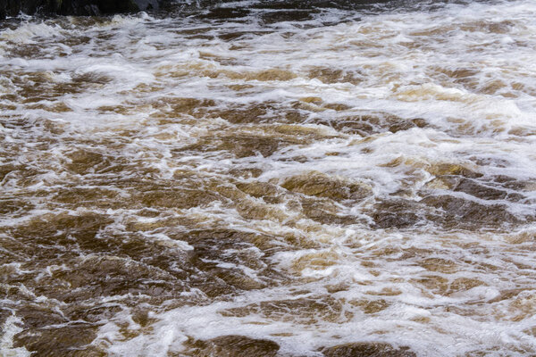 Running streams of water rush between the rocks. White foam and spray sparkles in the sun. The green forest grows on the stone banks. The blue color of the sky is reflected in the water. The Kivach waterfall. Karelia. Russia.