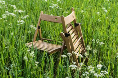 Yeşil bir çayırda dinlenmek için sandalyeler