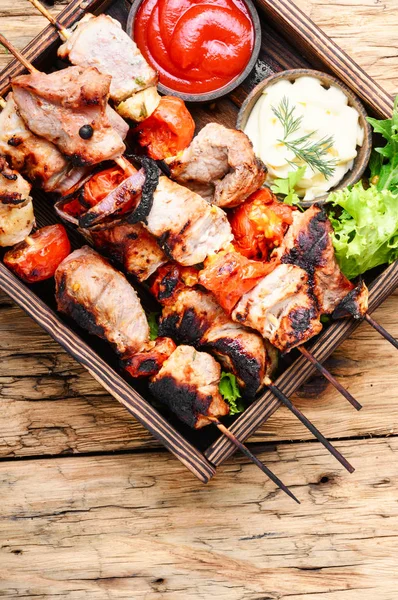 Grillezett Shish Kebab Vagy Saslik Nyárson Keleti Étel Grillezési Lehetőség — Stock Fotó