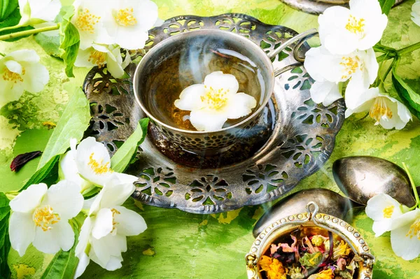 Oriental Tea Set Tea Jasmine Flowers Jasmine Tea — Stock Photo, Image