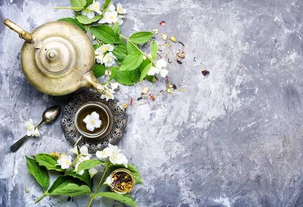 Orientalny Zestaw Herbaty Herbaty Kwiatów Jaśminu Herbata Jaśminowa — Zdjęcie stockowe