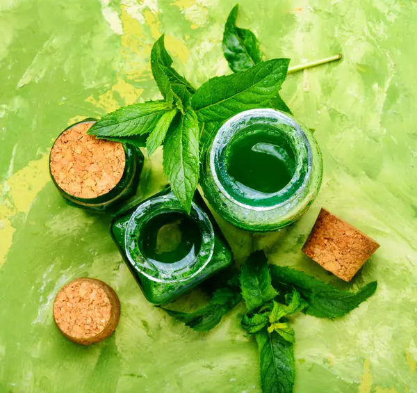 Aceite Esencial Menta Una Botella Vidrio Medicamentos Base Hierba Hierbas — Foto de Stock