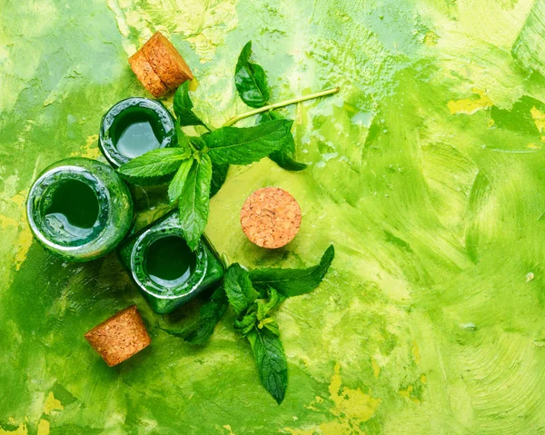 Minyak Mint Esensial Dalam Botol Gelas Penyembuhan Tanaman — Stok Foto