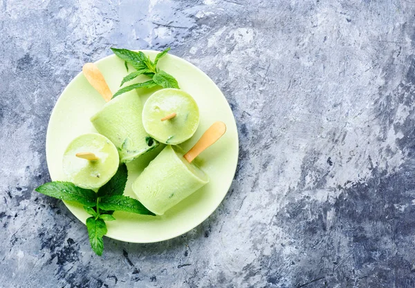 Helado Vainilla Casero Con Hojas Menta Fresca — Foto de Stock