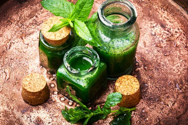 ガラス瓶の中のミントのエッセンシャル オイル 癒しの植物 — ストック写真