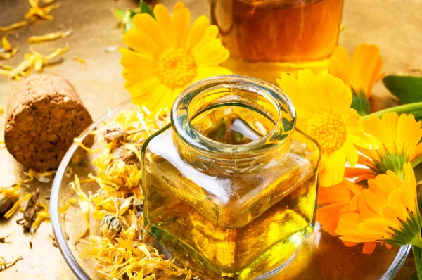 Healing Calendula Flowers Herbal Tincture Aromatherapy Essential Oil — Stock Photo, Image