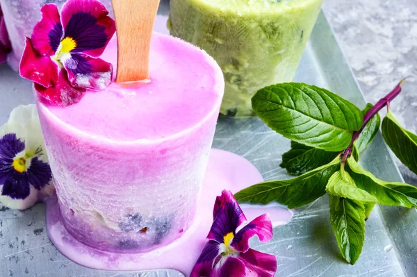 Summer Vanilla Ice Cream Fresh Flowers Mint — Stock Photo, Image