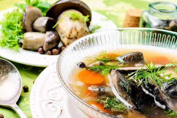 Dieta Sopa Vegetariana Con Champiñones Del Bosque Tazón — Foto de Stock