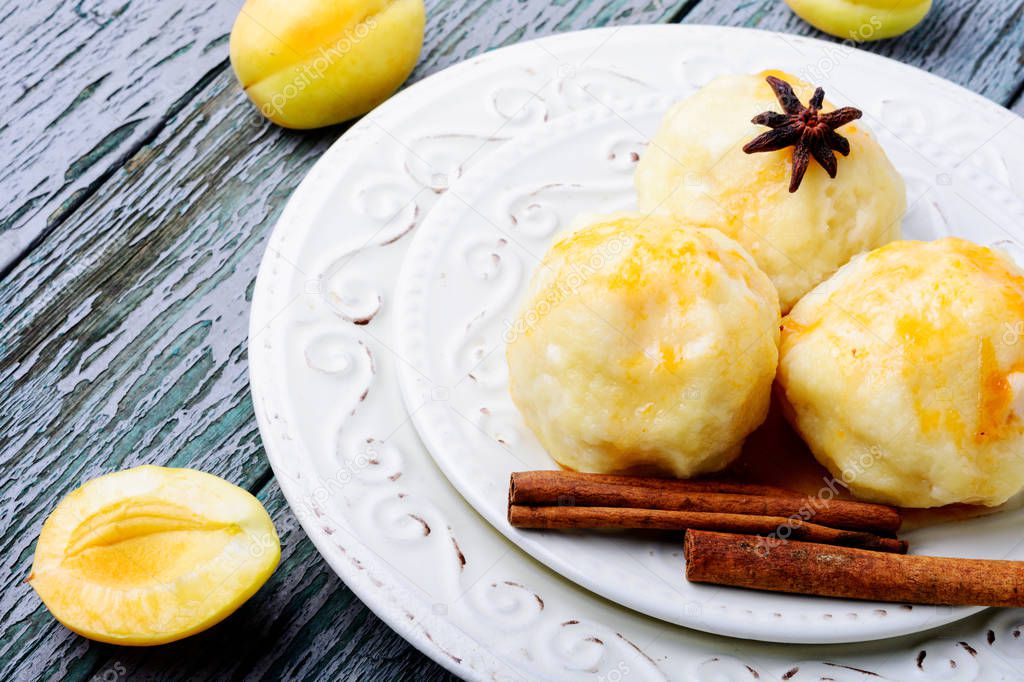 National dish of Czech and Slovak cuisine of dumplings with apricot