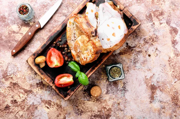 Fresh Baked Pork Wooden Cutting Board — Stock Photo, Image