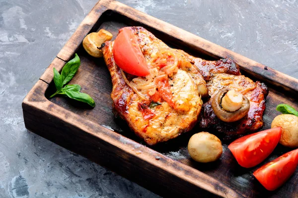 Grilled Beef Barbecue Striploin Steak Tomato Mushrooms Cutting Board Bbq — Stock Photo, Image
