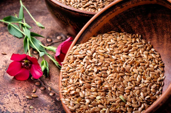 Flax Seed Flax Flowers Mortar — Stock Photo, Image