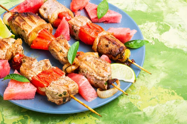 Meat Shish Kebab Skewers Watermelon Summer Recipe Shish Kebab — Stock Photo, Image