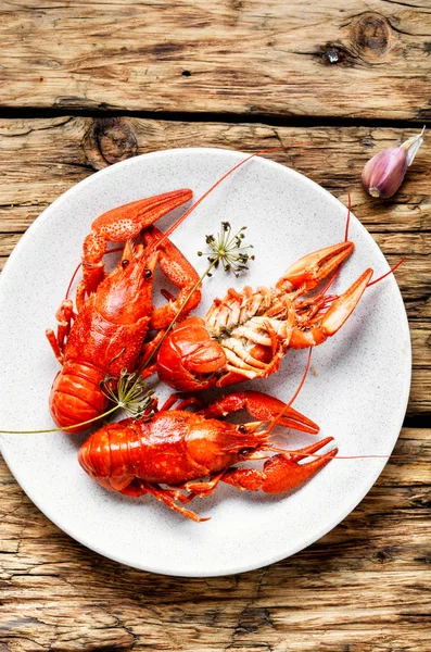 Gekookte Rivierkreeft Tafel Langoesten Houten Oppervlak — Stockfoto