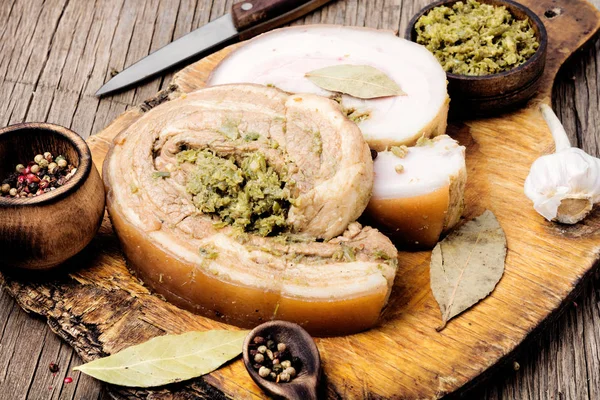 Homemade boiled lard with pesto sauce and spices — Stock Image Homemade Boiled Lard Pesto Sauce Spices Stock Photo