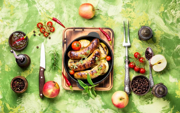 Grilled Homemade Sausages Spicy Spices Apples Bbq Sausages — Stock Photo, Image