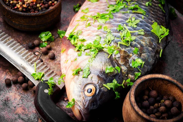 Carpa Pescado Fresco Con Ingredientes Para Cocinar Sartén Mariscos —  Fotos de Stock