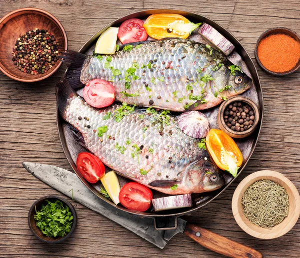 Peixe Fresco Com Ingredientes Para Cozinhar Pan Cooking Concept Healthy — Fotografia de Stock