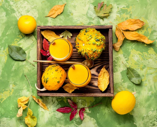 Pumpkin Smoothie Glass Vintage Table Beverage Pumpkins — Stock Photo, Image