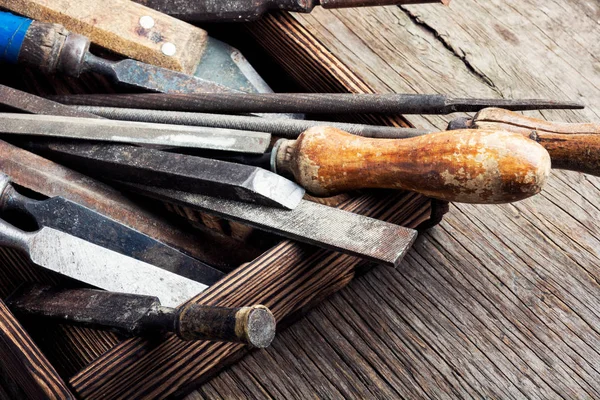 Vecchi Utensili Mano Vintage Sfondo Legno — Foto Stock