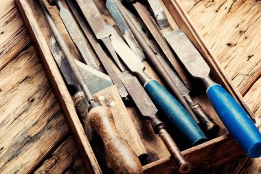 Eski ahşap keskiler seçimi ayarlayın. Retro araçları. Aracı marangoz