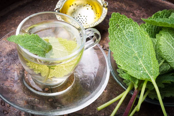 Aufgebrühter Köstlicher Kräutertee Mit Salbei Auf Retro Hintergrund — Stockfoto