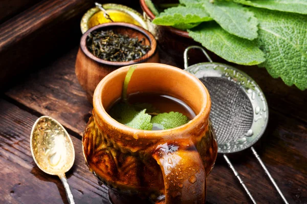 Заваренный Вкусный Травяной Чай Шалфеем Ретро Background Herbal Чай Шалфеем — стоковое фото