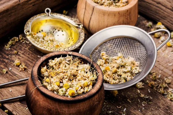 Dried Chamomile Flowers Wooden Table Alternative Medicine Bowls Dry Medicinal — Stock Photo, Image