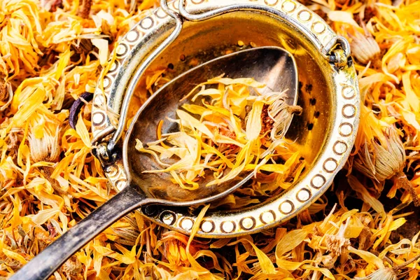 Tło Aromatycznych Zdrowych Ziół Calendula Ziołowa Medycyna Roślina Lecznicza Marigold — Zdjęcie stockowe
